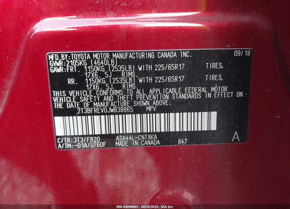 2018 TOYOTA RAV4 VIN: 2T3BFREV0JW838865