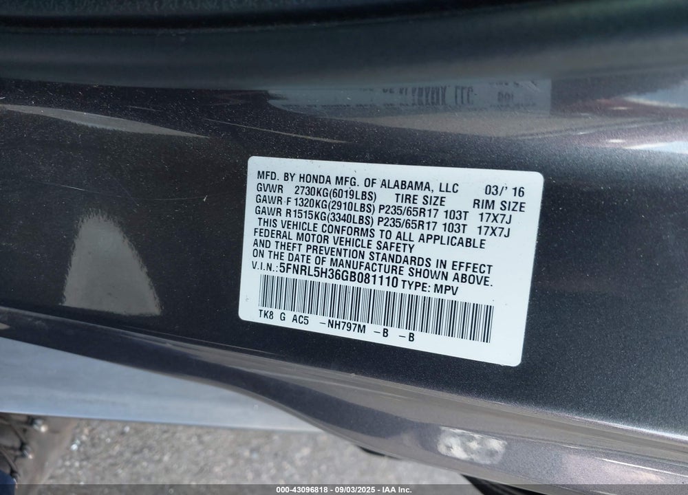2016 HONDA ODYSSEY SE VIN: 5FNRL5H36GB081110