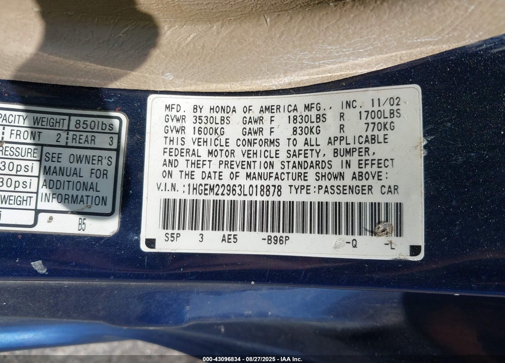 2003 HONDA CIVIC EX VIN: 1HGEM22963L018878