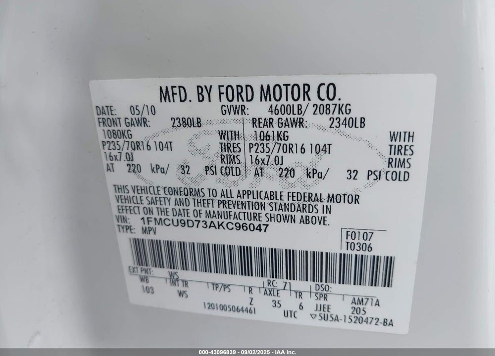 2010 FORD ESCAPE XLT VIN: 1FMCU9D73AKC96047