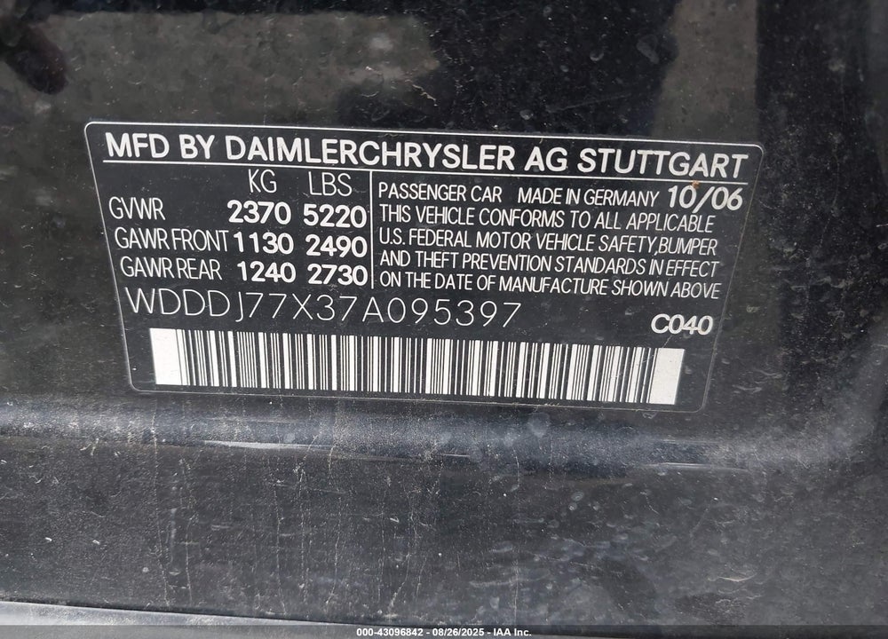 2007 MERCEDES-BENZ CLS CLASS VIN: WDDDJ77X37A095397