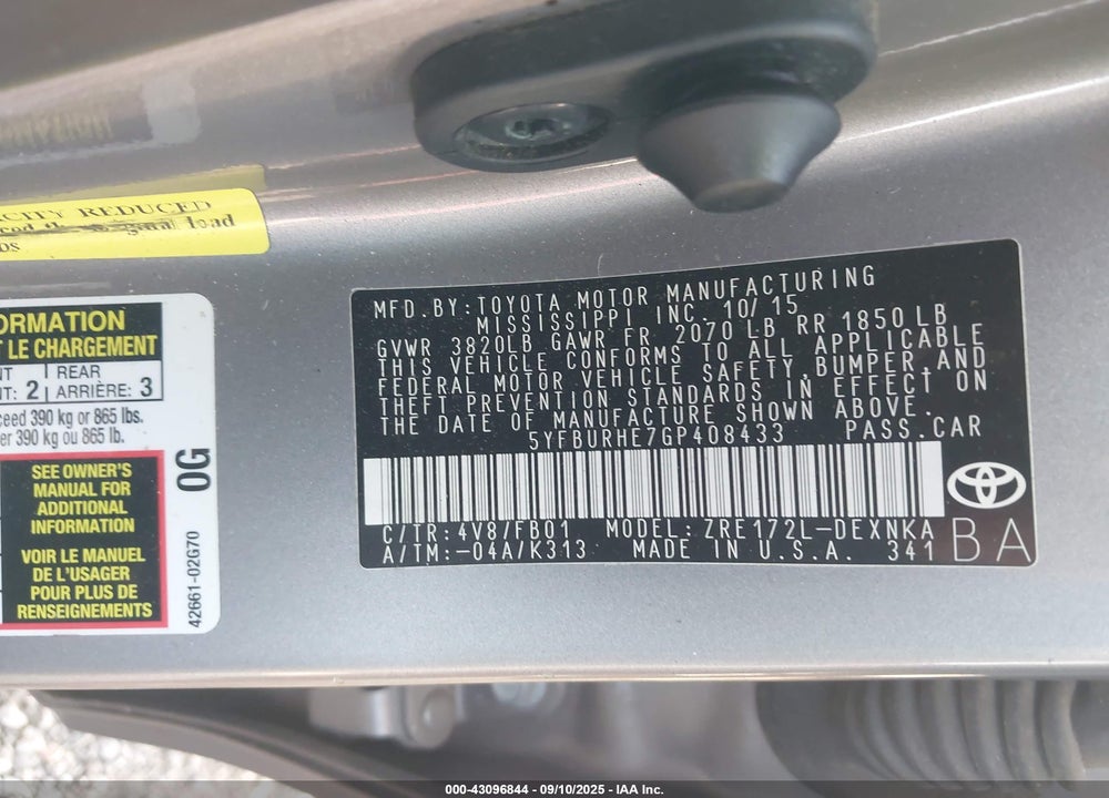 2016 TOYOTA COROLLA VIN: 5YFBURHE7GP408433