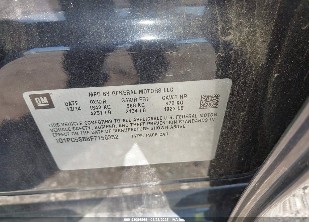 2015 CHEVROLET CRUZE VIN: 1G1PC5SB8F7150352