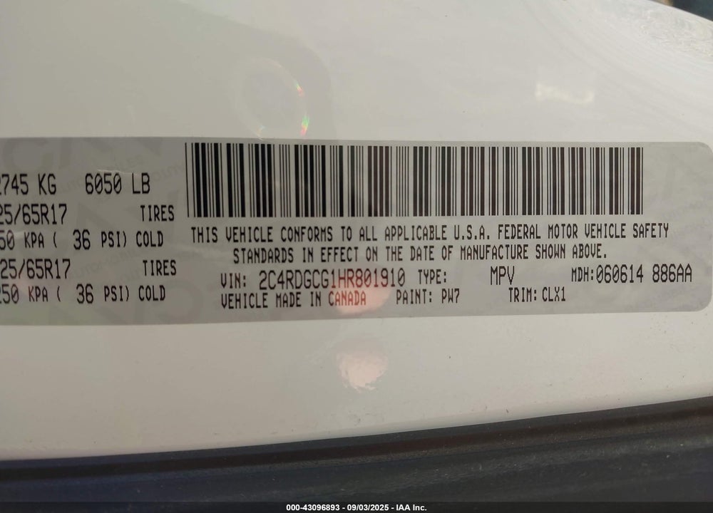 2017 DODGE GRAND CARAVAN SXT VIN: 2C4RDGCG1HR801910