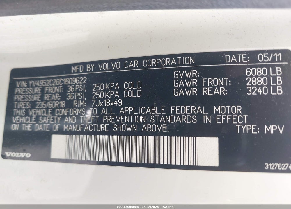 2012 VOLVO XC90 VIN: YV4952CZ6C1609622