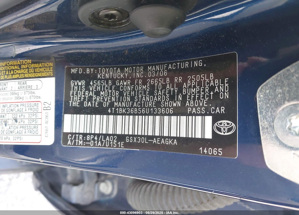 2006 TOYOTA AVALON XLS VIN: 4T1BK36B56U133606