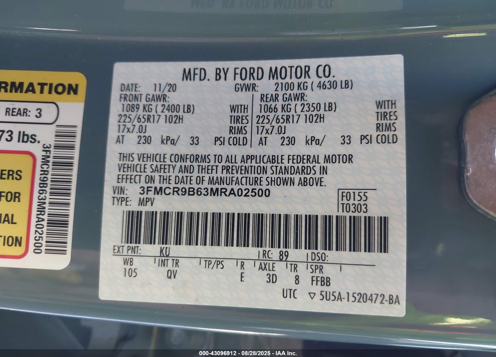 2021 FORD BRONCO SPORT BIG BEND VIN: 3FMCR9B63MRA02500