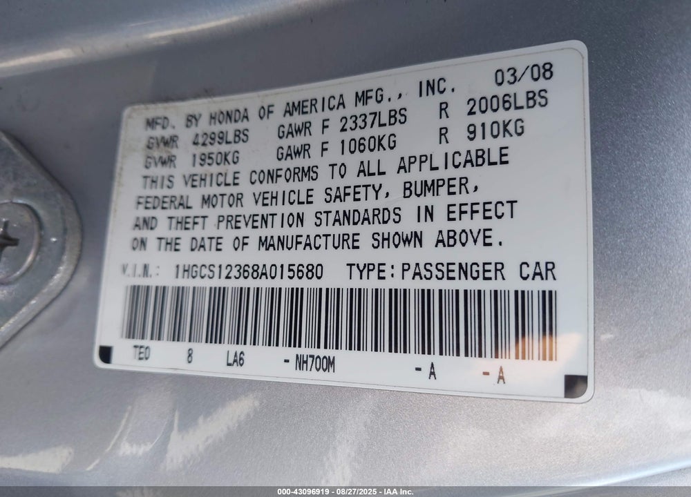 2008 HONDA ACCORD 2.4 LX-S VIN: 1HGCS12368A015680