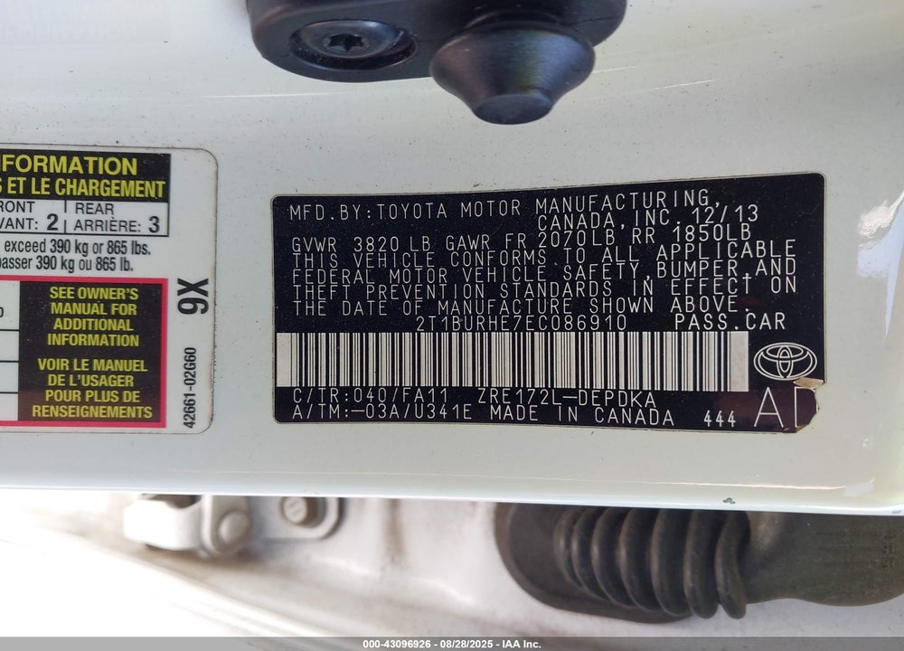 2014 TOYOTA COROLLA VIN: 2T1BURHE7EC086910