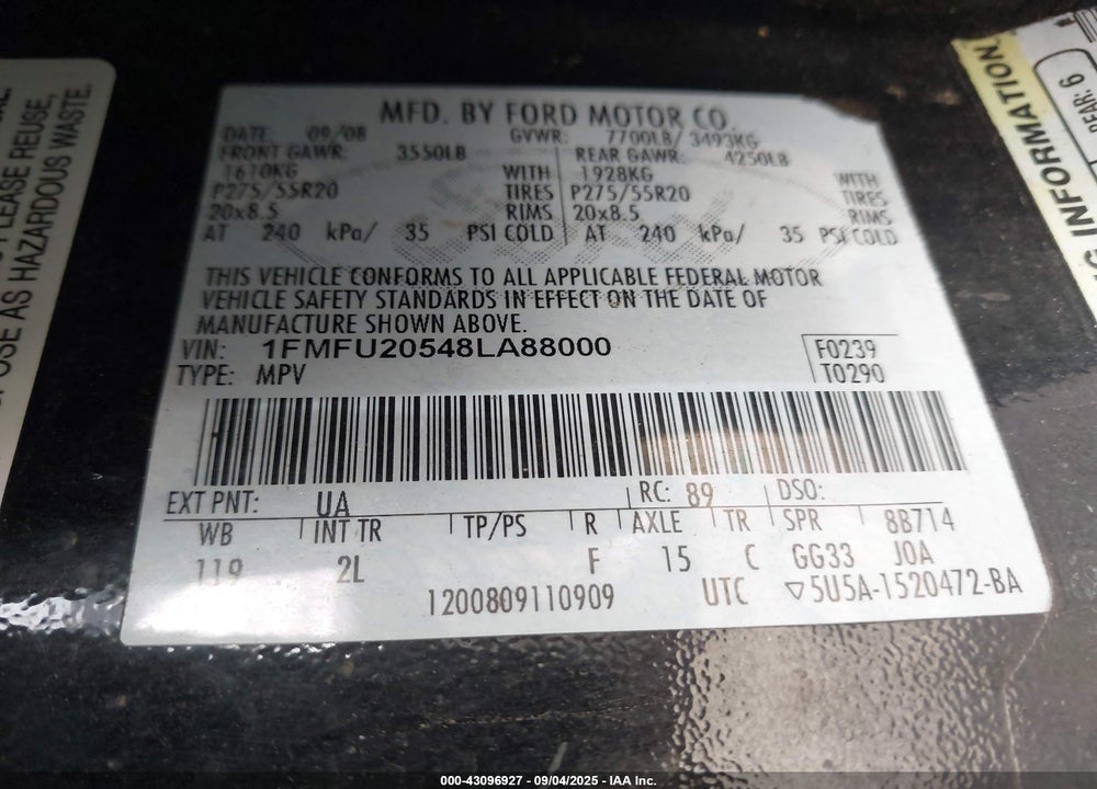 2008 FORD EXPEDITION LIMITED VIN: 1FMFU20548LA88000