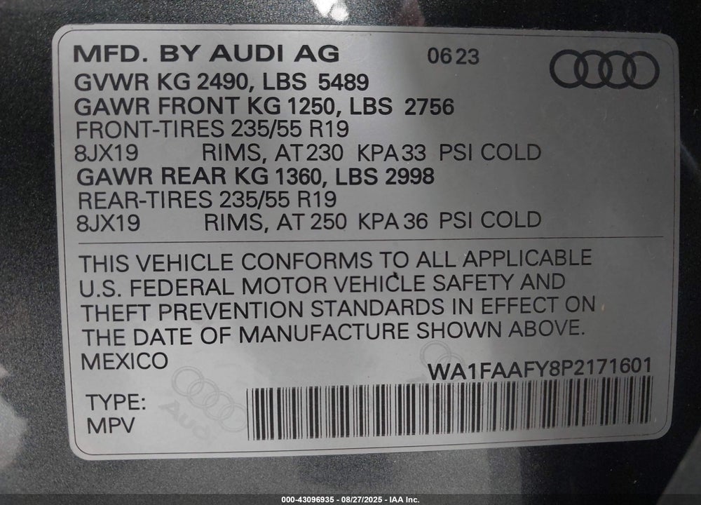 2023 AUDI Q5 VIN: WA1FAAFY8P2171601