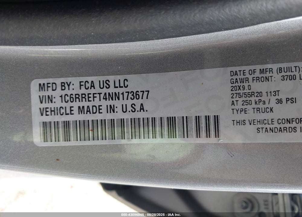 2022 RAM 1500 VIN: 1C6RREFT4NN173677