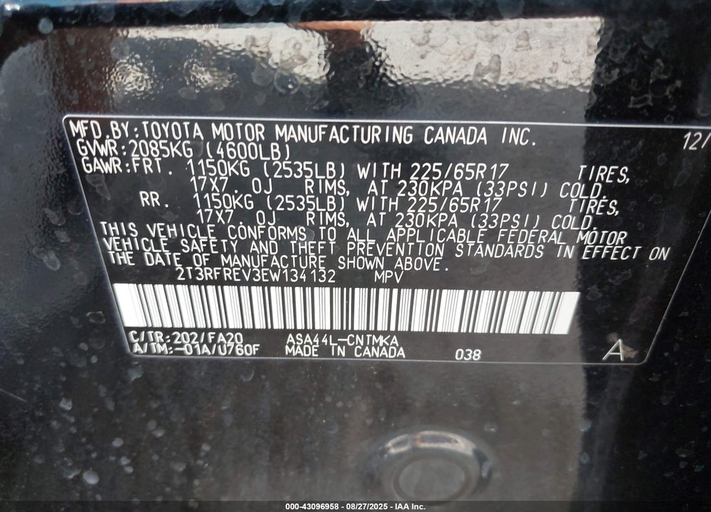 2014 TOYOTA RAV4 VIN: 2T3RFREV3EW134132