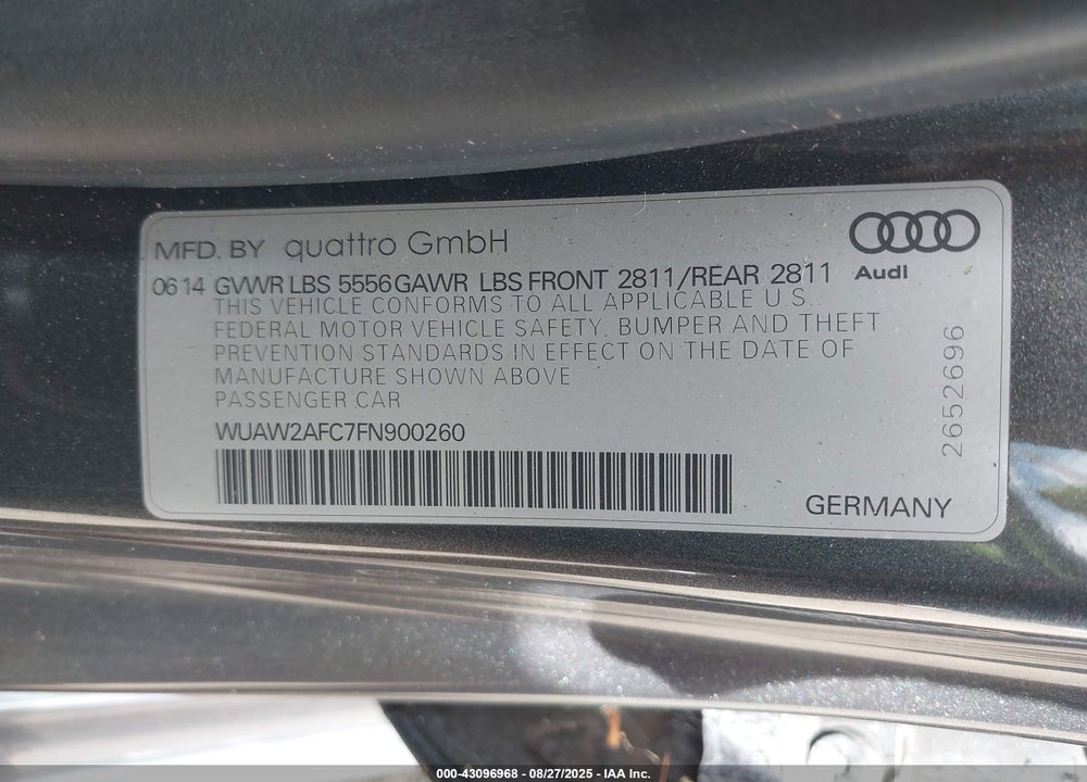 2015 AUDI RS 7 4.0T PRESTIGE VIN: WUAW2AFC7FN900260