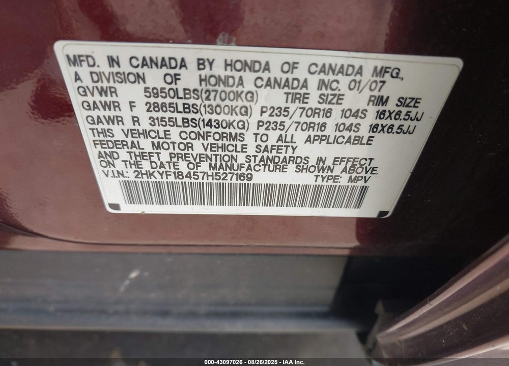 2007 HONDA PILOT VIN: 2HKYF18457H527169
