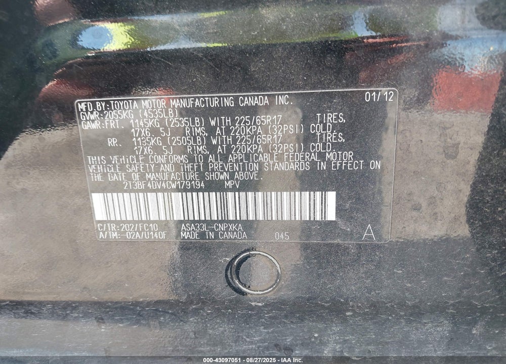2012 TOYOTA RAV4 VIN: 2T3BF4DV4CW179194