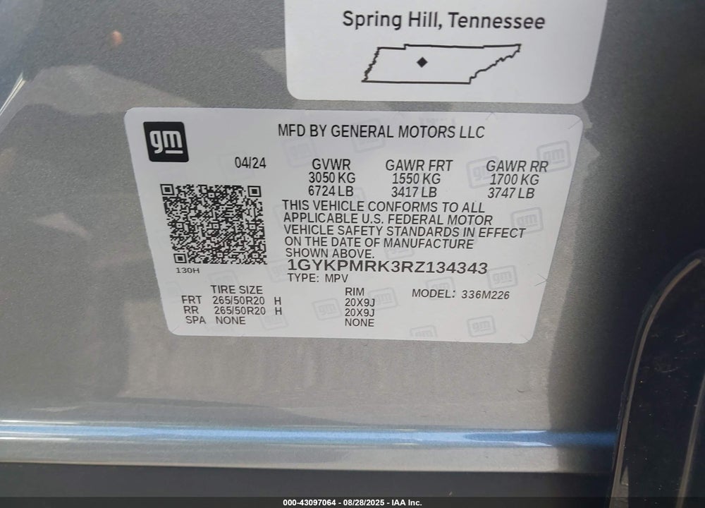 2024 CADILLAC LYRIQ VIN: 1GYKPMRK3RZ134343