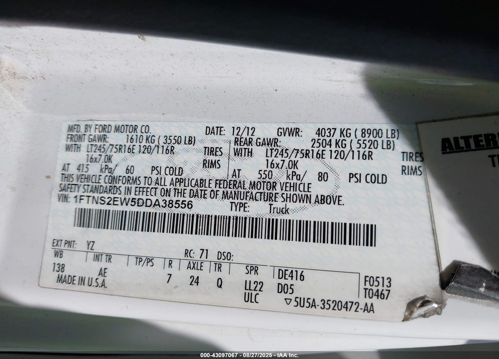 2013 FORD E-250 COMMERCIAL VIN: 1FTNS2EW5DDA38556