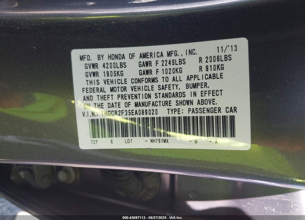 2014 HONDA ACCORD VIN: 1HGCR2F35EA089020