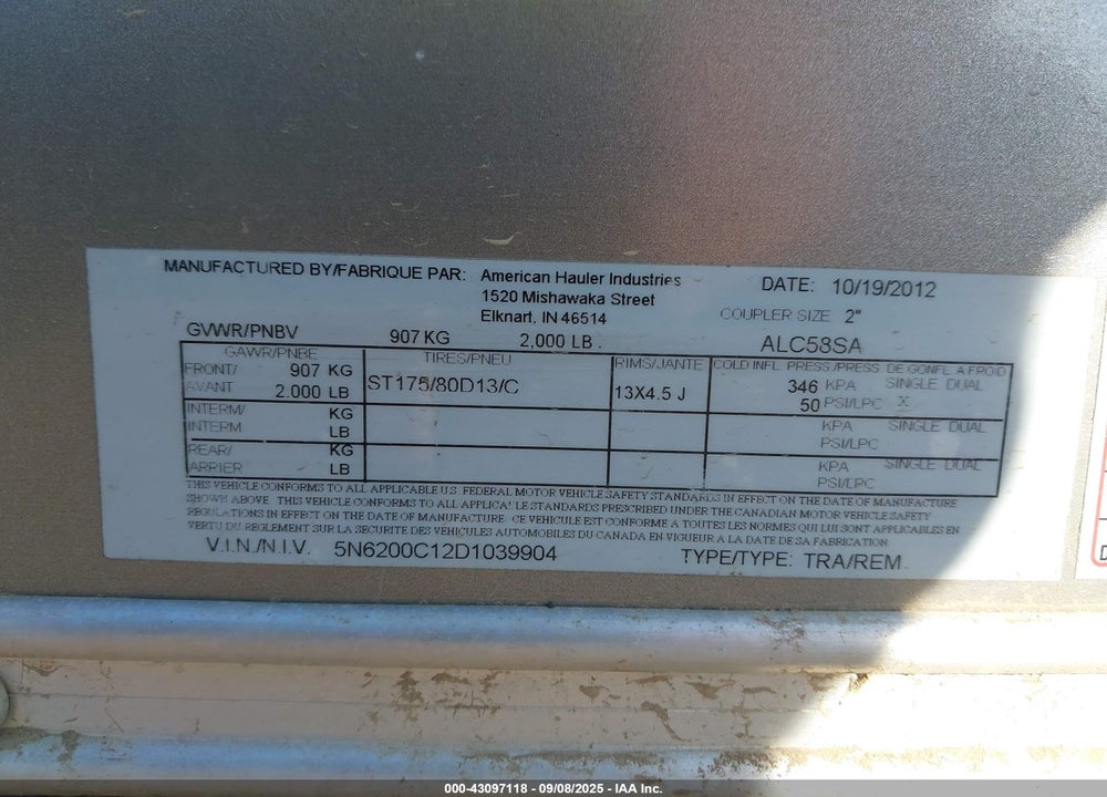 2013 AM HAULER AIR LITE VIN: 5N6200C12D1039904