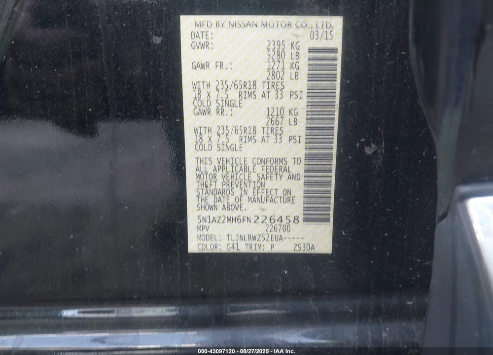 2015 NISSAN MURANO VIN: 5N1AZ2MH6FN226458
