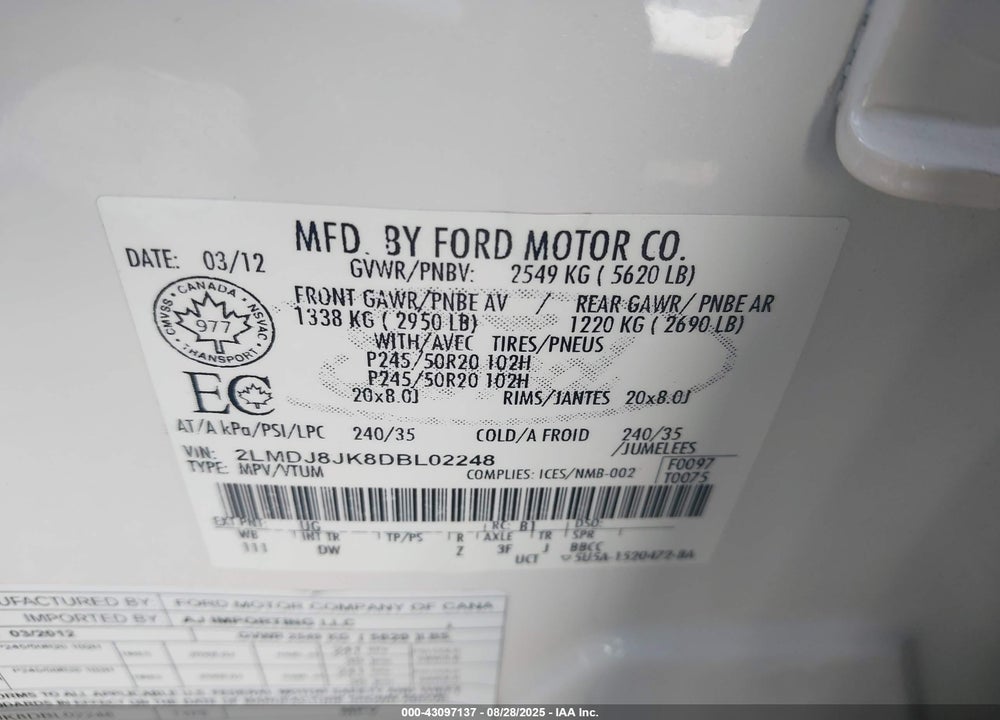 2013 LINCOLN MKX VIN: 2LMDJ8JK8DBL02248