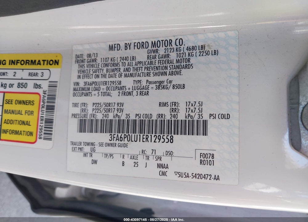 2014 FORD FUSION VIN: 3FA6P0LU1ER129558
