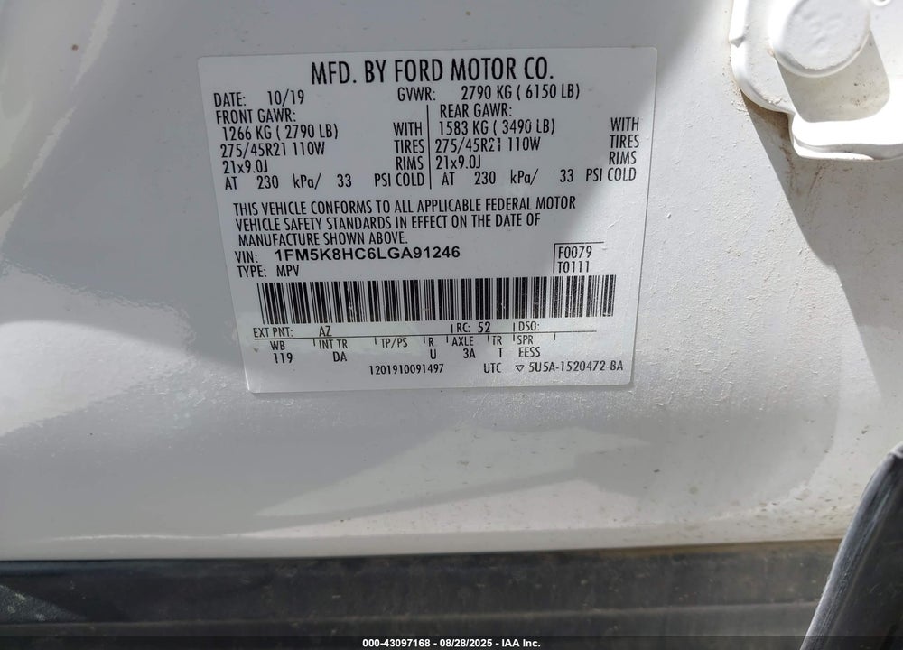 2020 FORD EXPLORER VIN: 1FM5K8HC6LGA91246