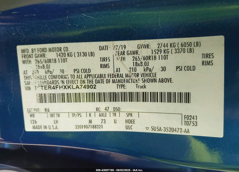 2019 FORD RANGER VIN: 1FTER4FHXKLA74902