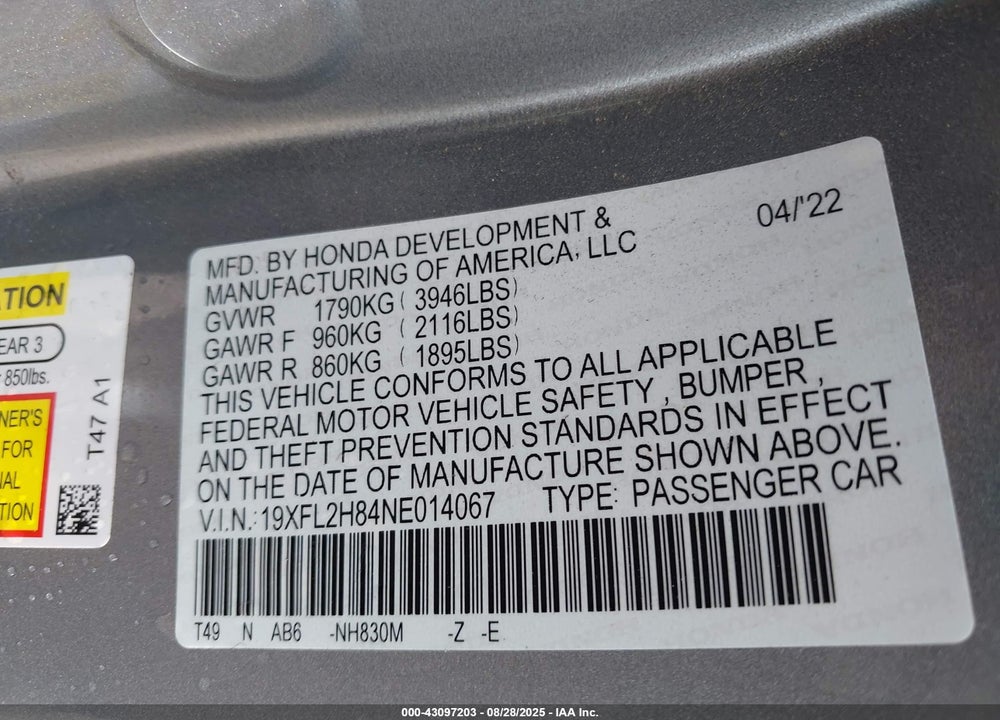 2022 HONDA CIVIC SPORT VIN: 19XFL2H84NE014067