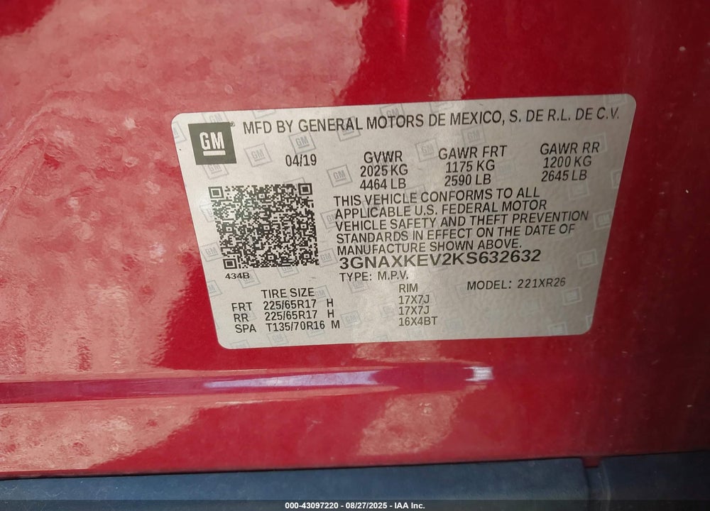 2019 CHEVROLET EQUINOX VIN: 3GNAXKEV2KS632632