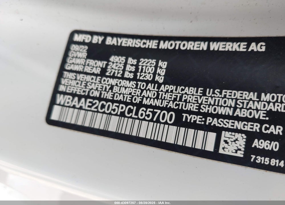 2023 BMW 8 SERIES VIN: WBAAE2C05PCL65700