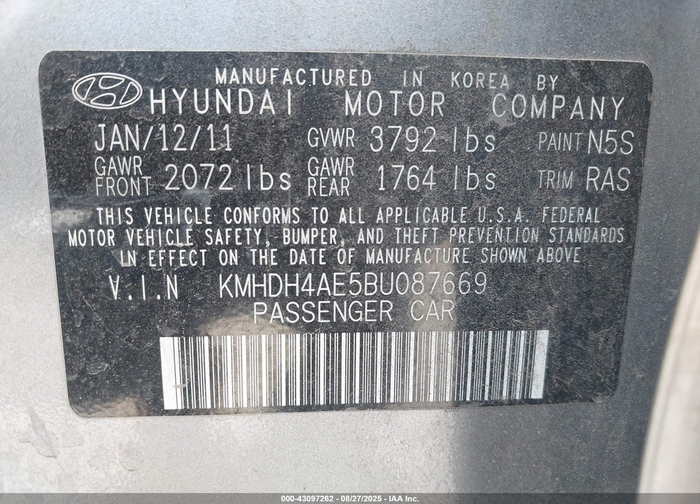 2011 HYUNDAI ELANTRA LIMITED (ULSAN PLANT) VIN: KMHDH4AE5BU087669