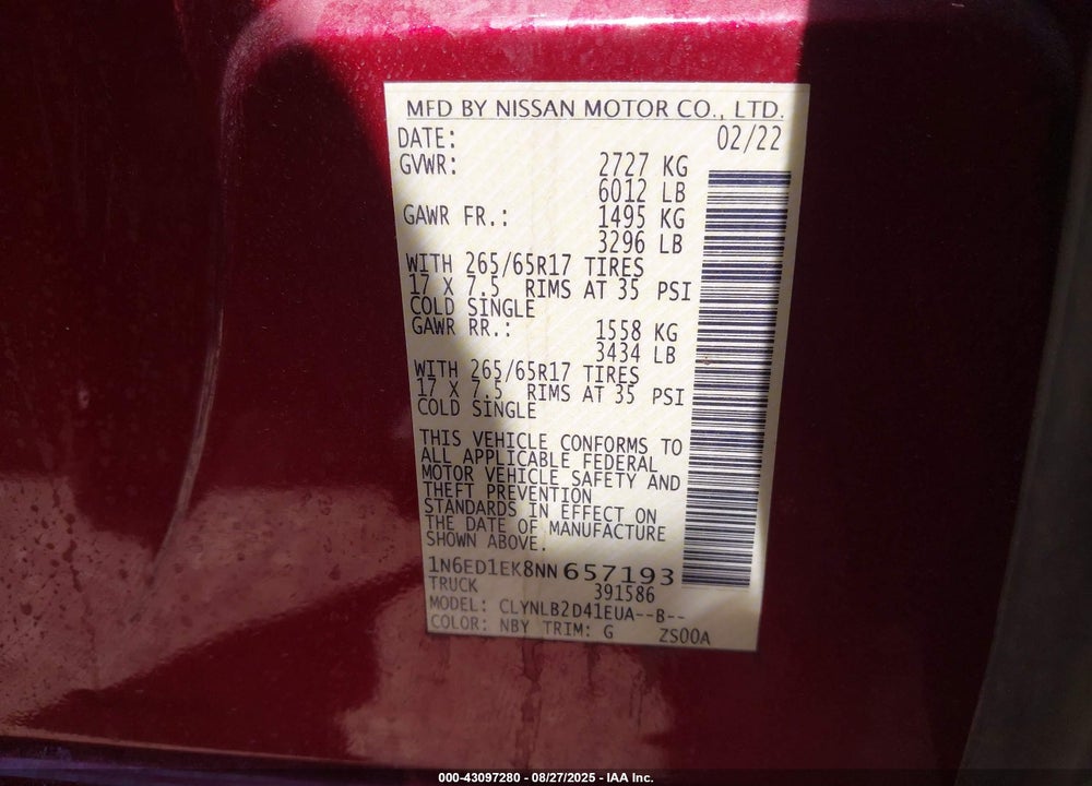 2022 NISSAN FRONTIER VIN: 1N6ED1EK8NN657193