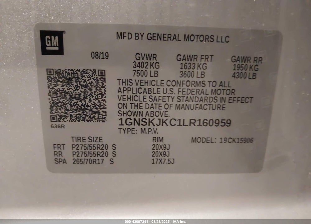 2020 CHEVROLET SUBURBAN VIN: 1GNSKJKC1LR160959