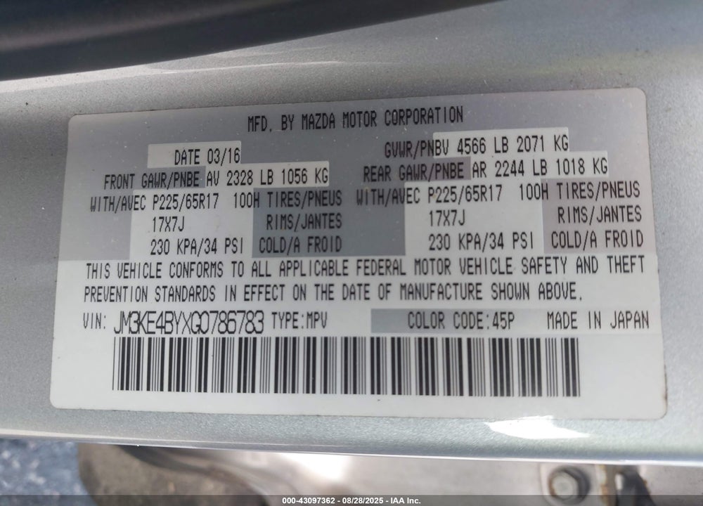 2016 MAZDA CX-5 SPORT VIN: JM3KE4BYXG0786783