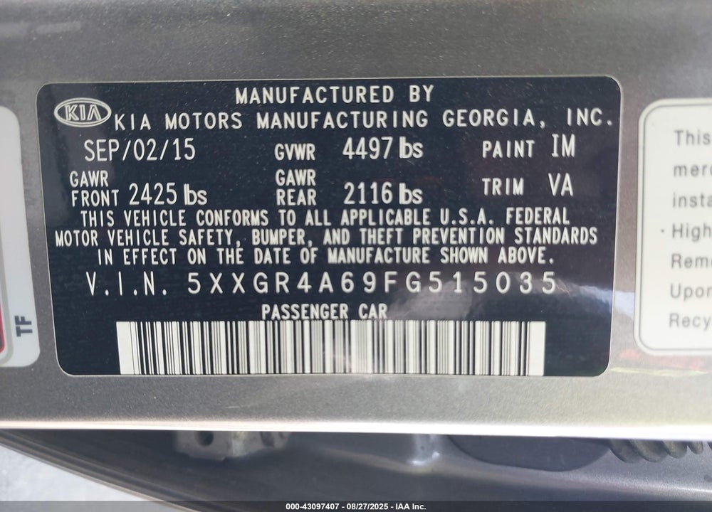 2015 KIA OPTIMA VIN: 5XXGR4A69FG515035