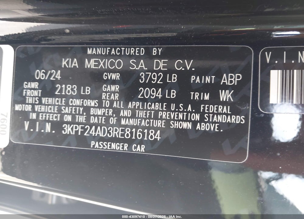 2024 KIA FORTE VIN: 3KPF24AD3RE816184
