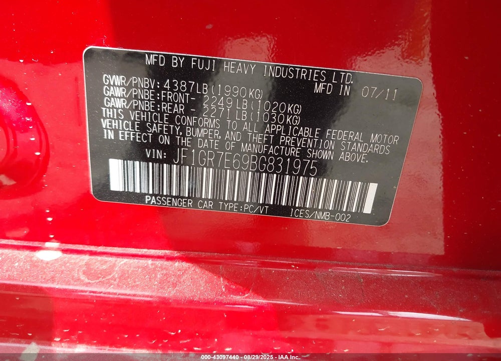 2011 SUBARU IMPREZA WRX VIN: JF1GR7E69BG831975