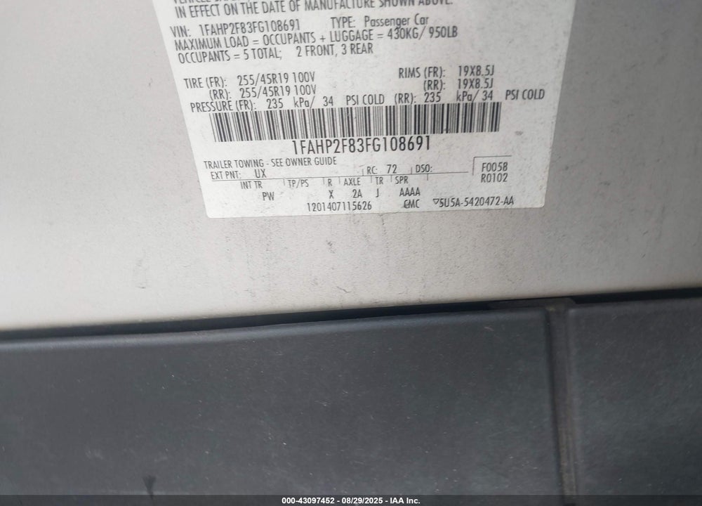 2015 FORD TAURUS LIMITED VIN: 1FAHP2F83FG108691