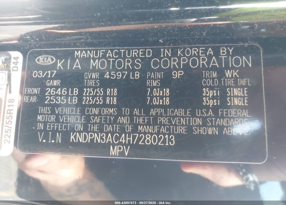 2017 KIA SPORTAGE VIN: KNDPN3AC4H7280213