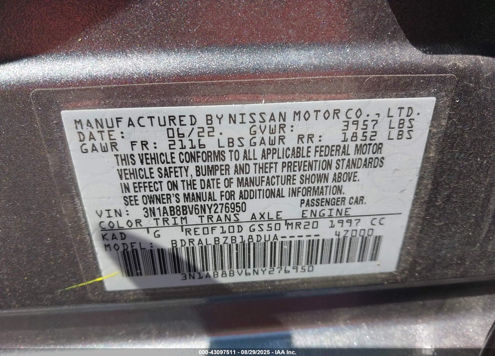 2022 NISSAN SENTRA S XTRONIC CVT VIN: 3N1AB8BV6NY276950