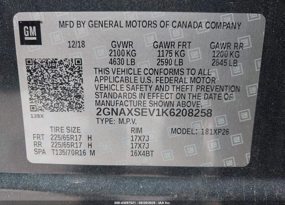 2019 CHEVROLET EQUINOX VIN: 2GNAXSEV1K6208258