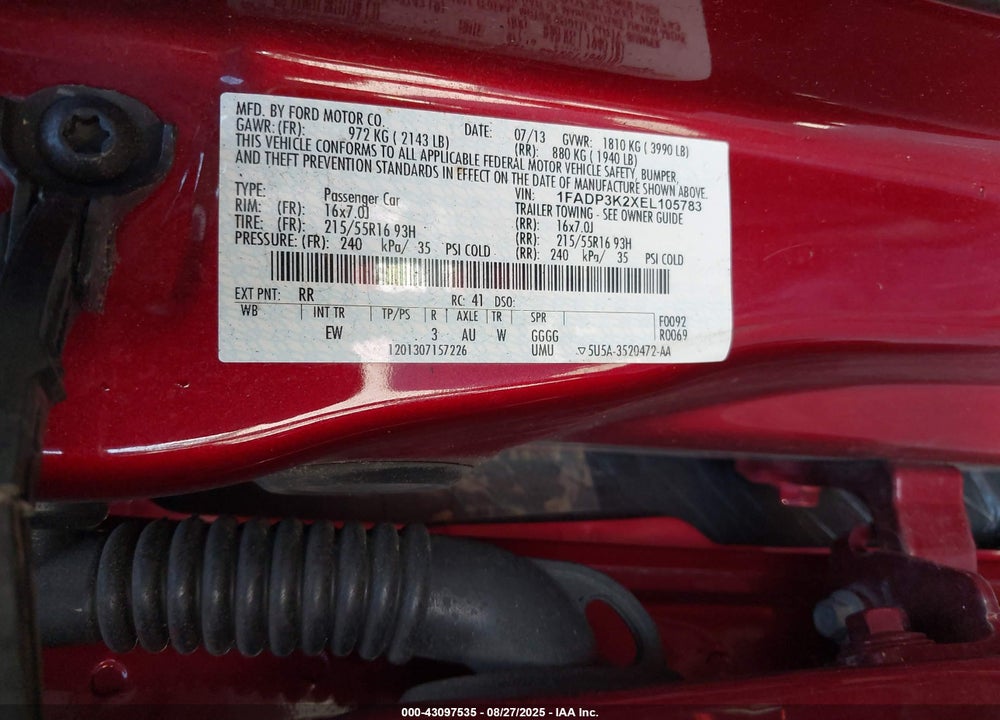 2014 FORD FOCUS VIN: 1FADP3K2XEL105783