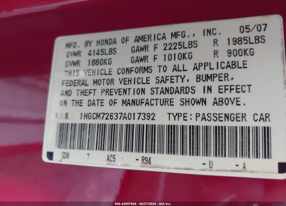 2007 HONDA ACCORD 2.4 EX VIN: 1HGCM72637A017392