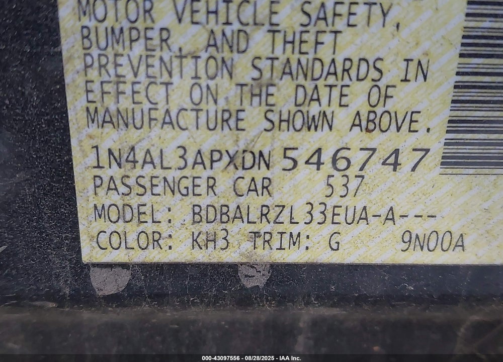 2013 NISSAN ALTIMA VIN: 1N4AL3APXDN546747