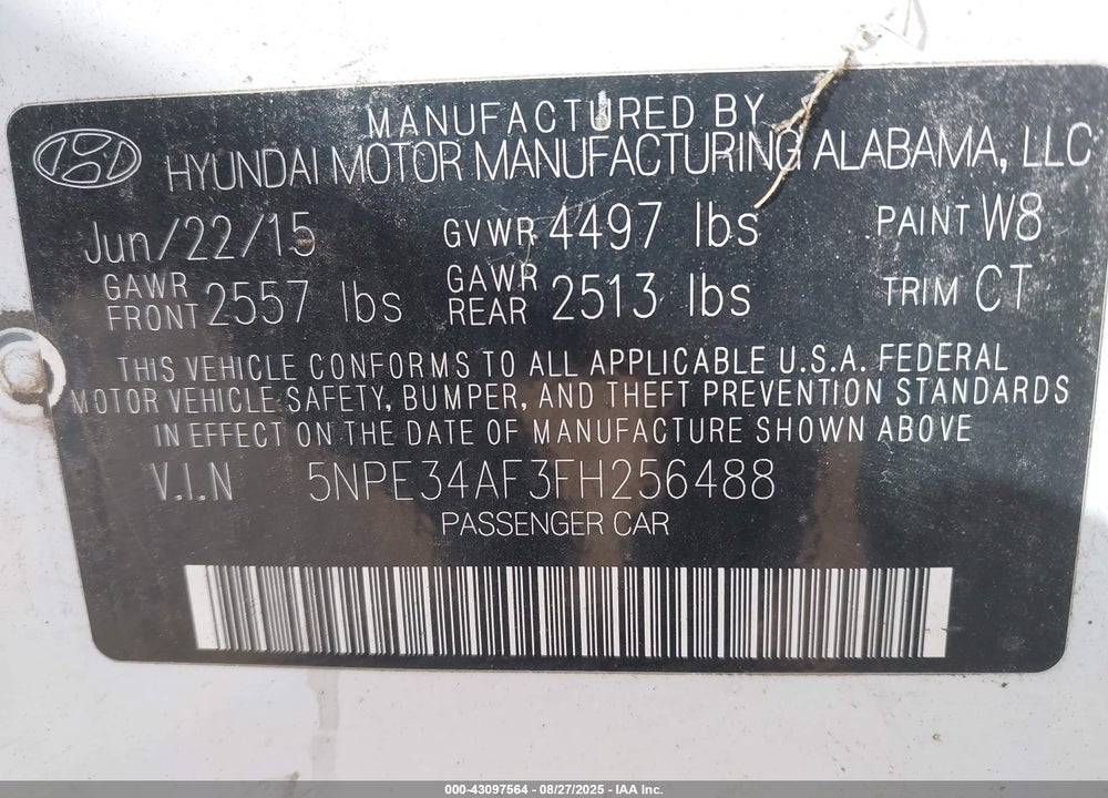 2015 HYUNDAI SONATA VIN: 5NPE34AF3FH256488