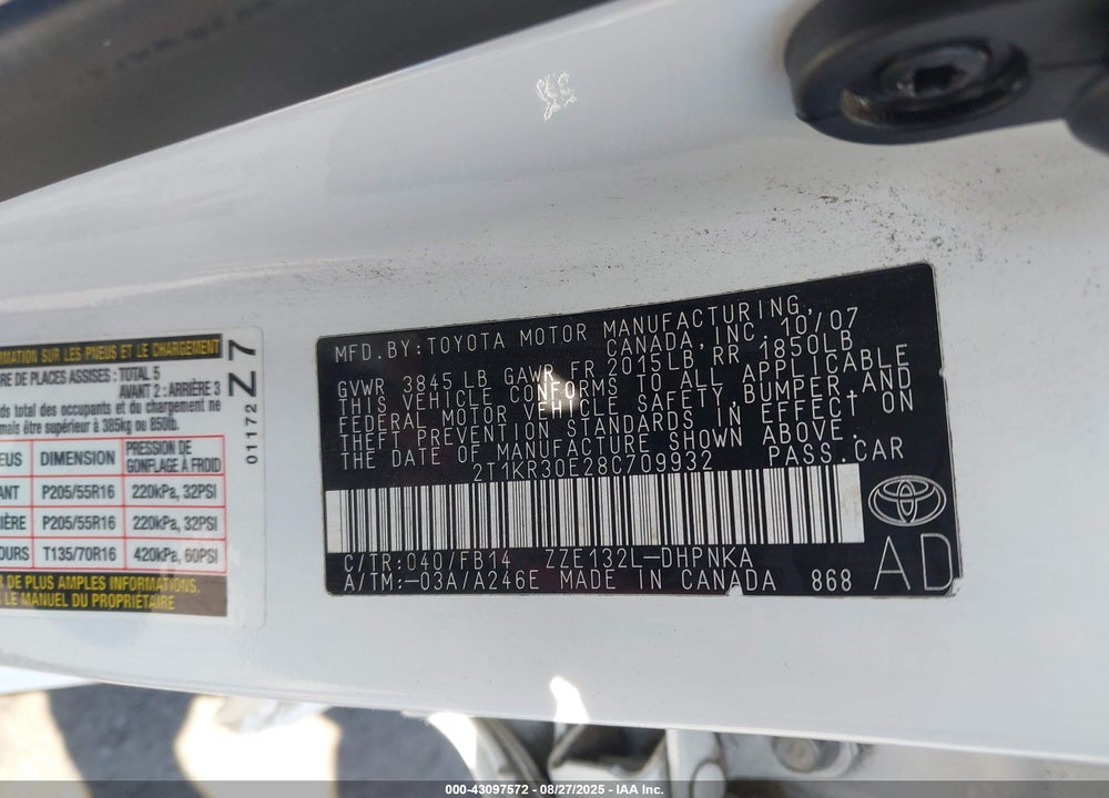 2008 TOYOTA MATRIX/XR VIN: 2T1KR30E28C709932