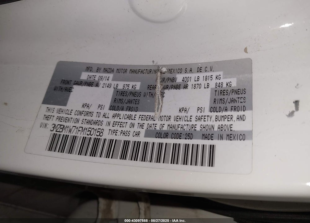 2015 MAZDA 3 VIN: 3MZBM1W71FM150158