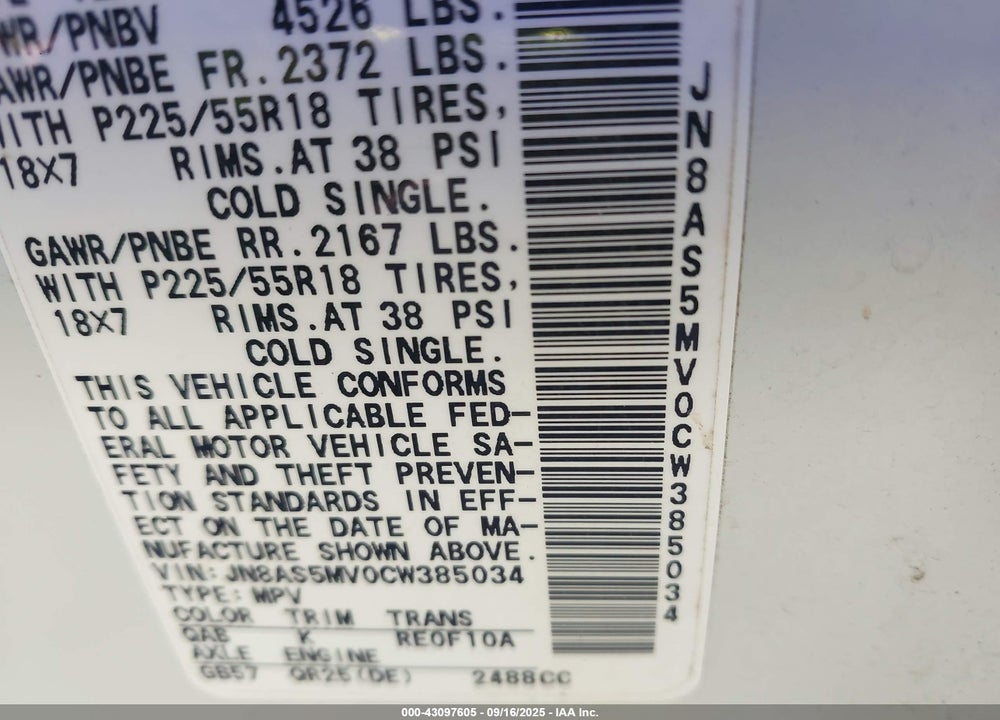 2012 NISSAN ROGUE VIN: JN8AS5MV0CW385034
